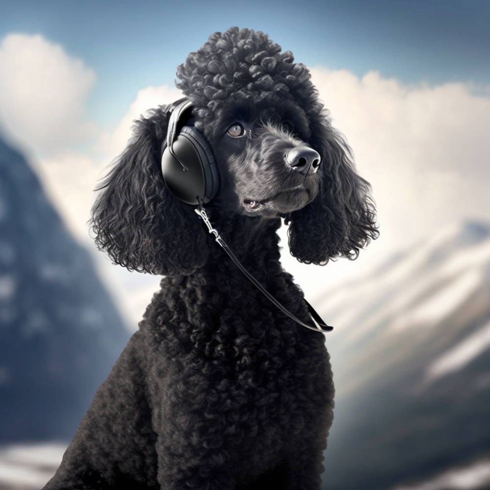 Pakkotoisto_black_poodle_with_headphones_mount_everest_6287fe48-1b5a-41b2-8eb6-2ac7d3090598.png