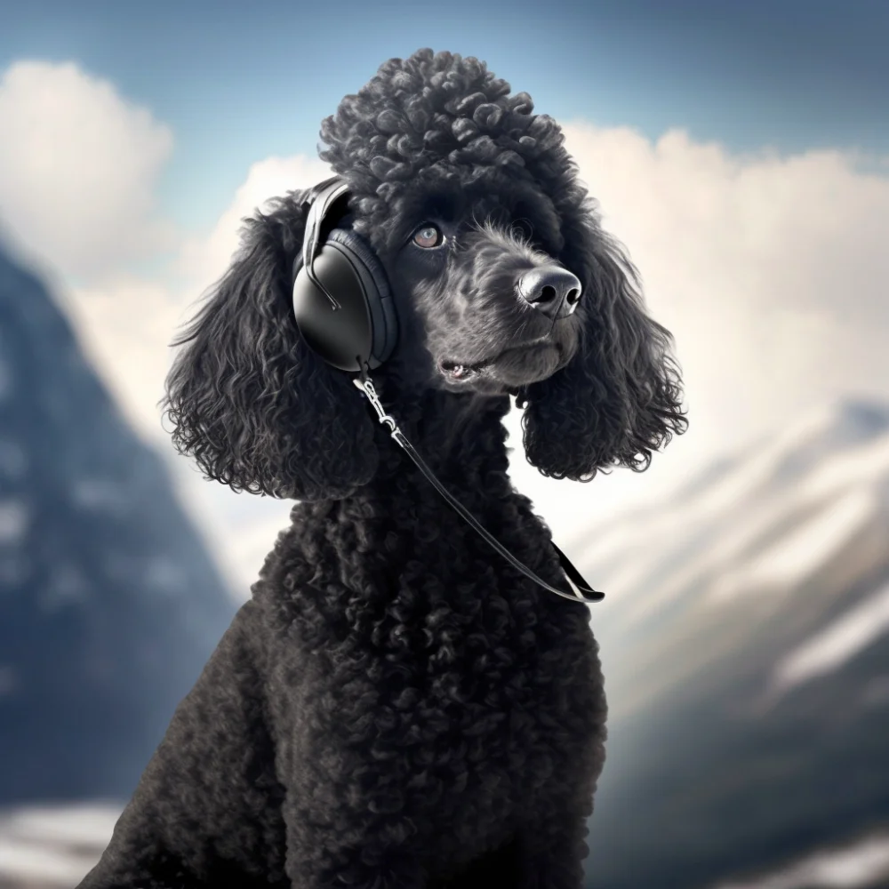 Pakkotoisto_black_poodle_with_headphones_mount_everest_6287fe48-1b5a-41b2-8eb6-2ac7d3090598.webp